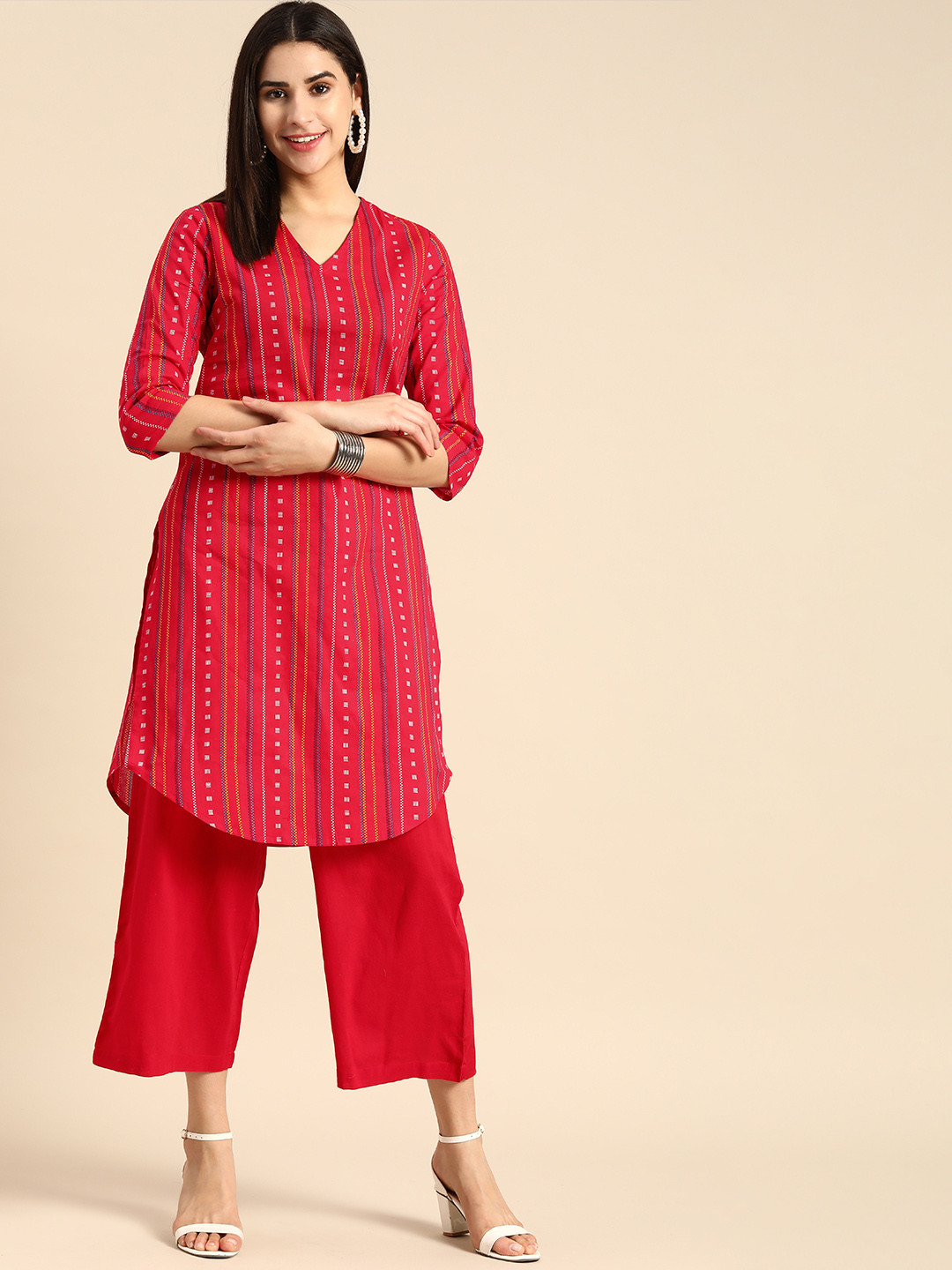 Anouk Women Geometric Print  Cotton Straight Kurta with Palazzos