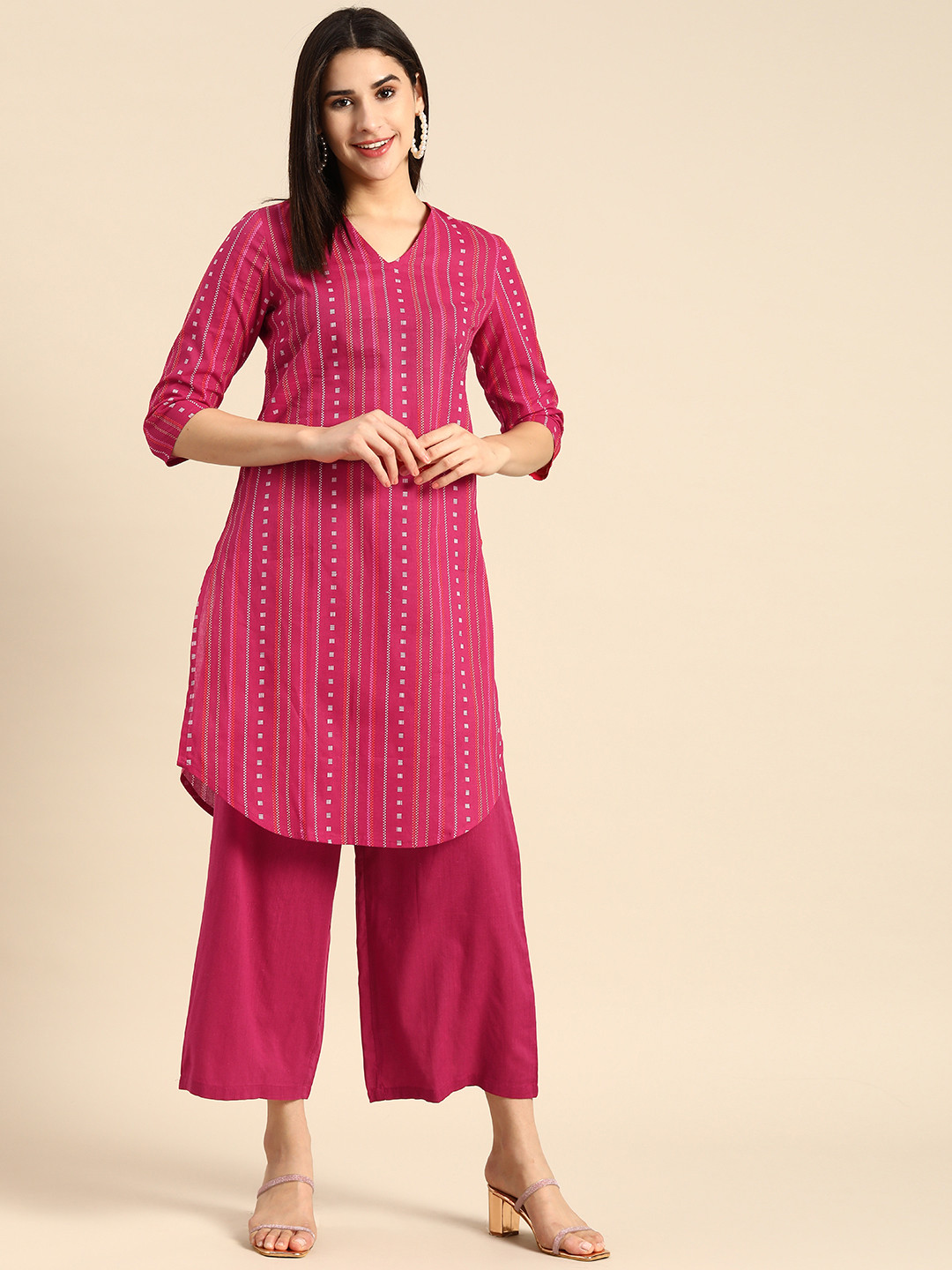 Anouk V-Neck Striped  Cotton Kurta with Palazzos