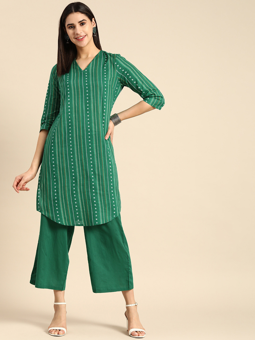 Anouk Women Geometric Print  Cotton Straight Kurta with Palazzos