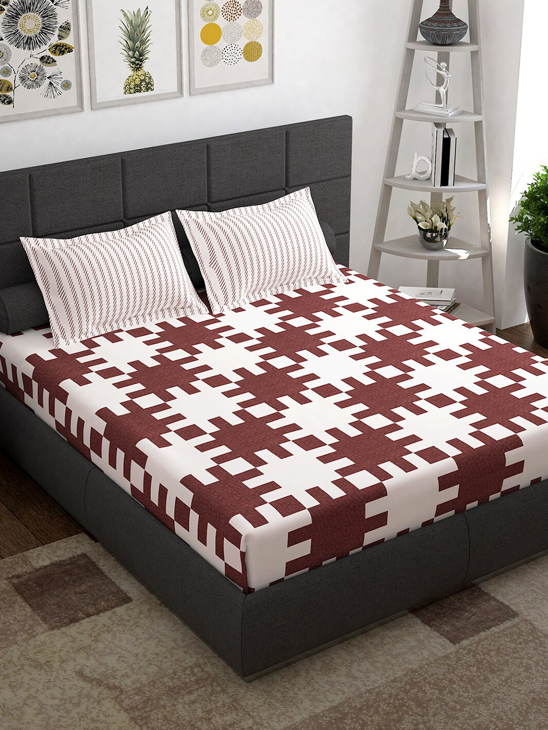 Story@home Prism Gold White Abstract Cotton 144 TC Double Bedsheet with 2 Pillow Covers-89 x 93 inches