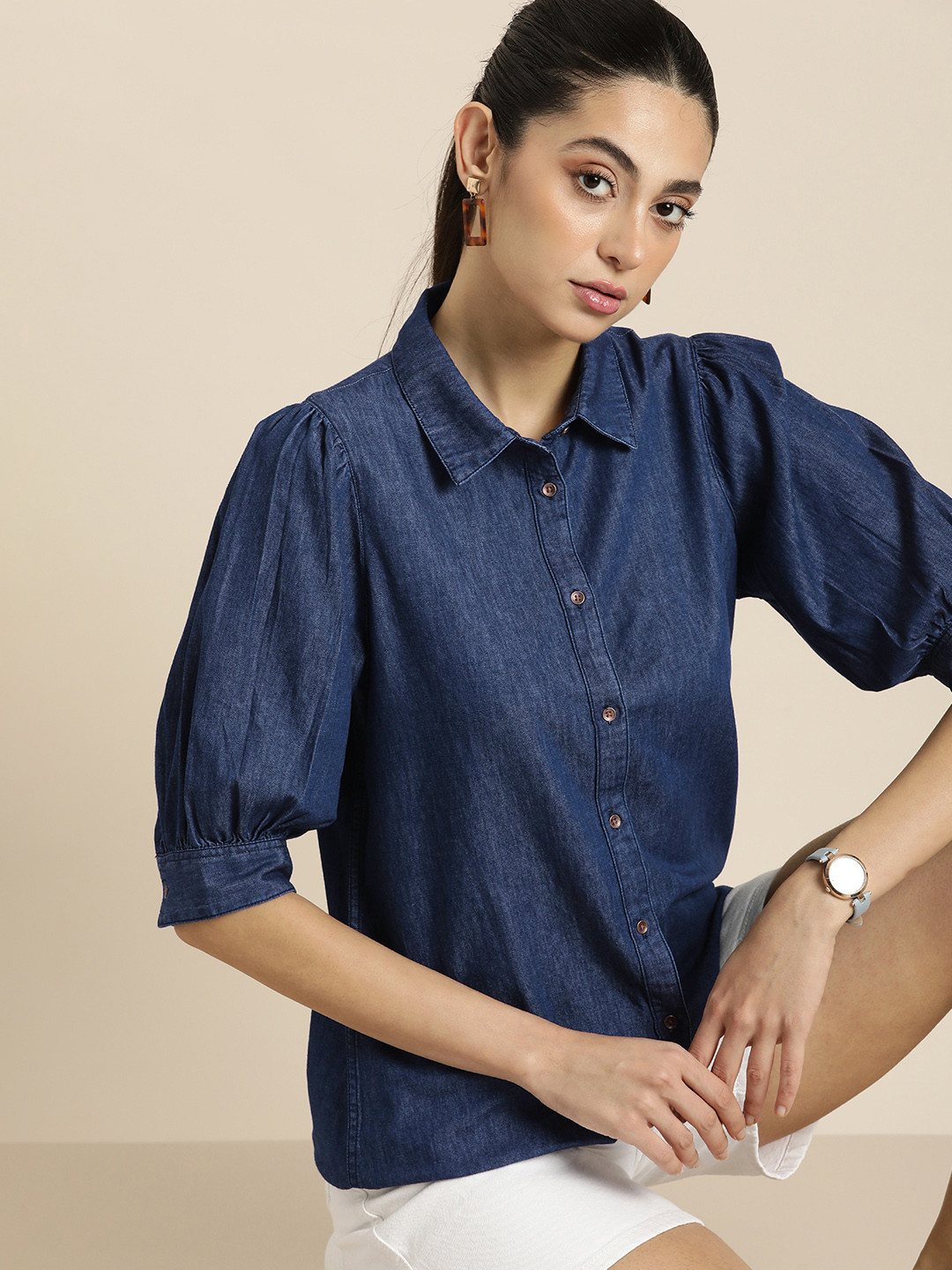 Moda Rapido Women Pure Cotton Chambray Solid Puff Sleeves Casual Shirt