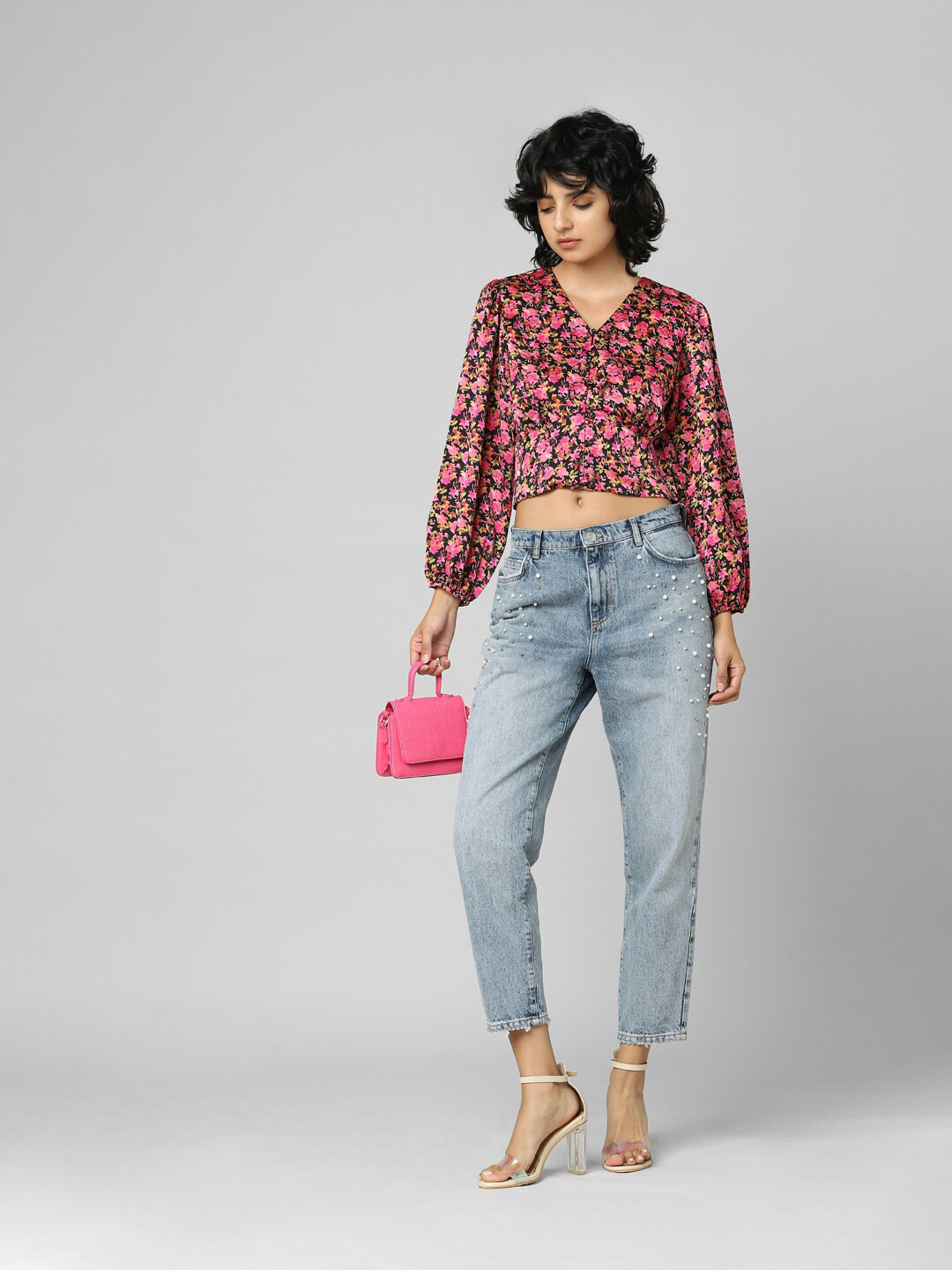 ONLY Floral Printed Blouson Crop Top