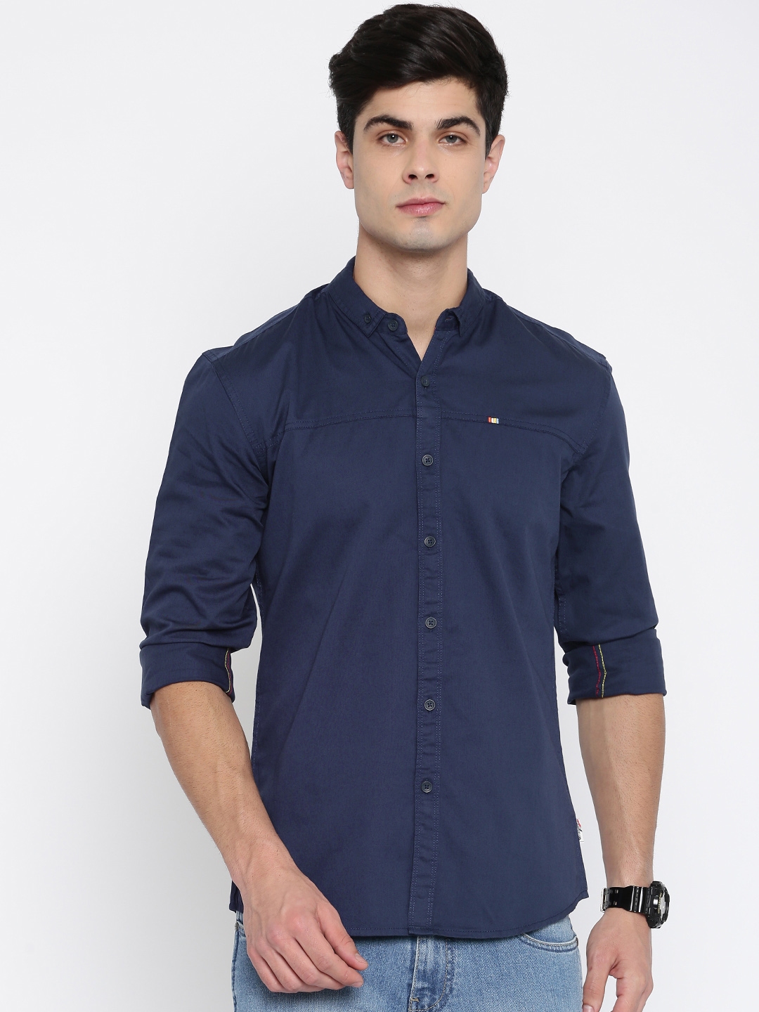 wrangler men solid casual blue shirt