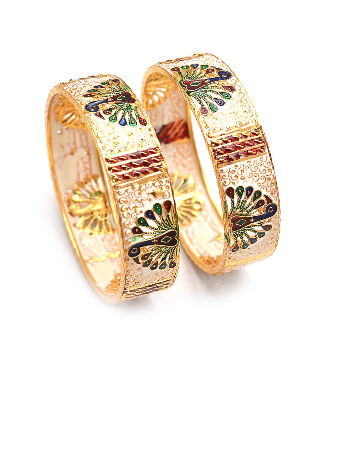 Jewar Mandi Bangle Fashion Set Of 2 Gold-Plated Peacock Design Meena Work Bangles