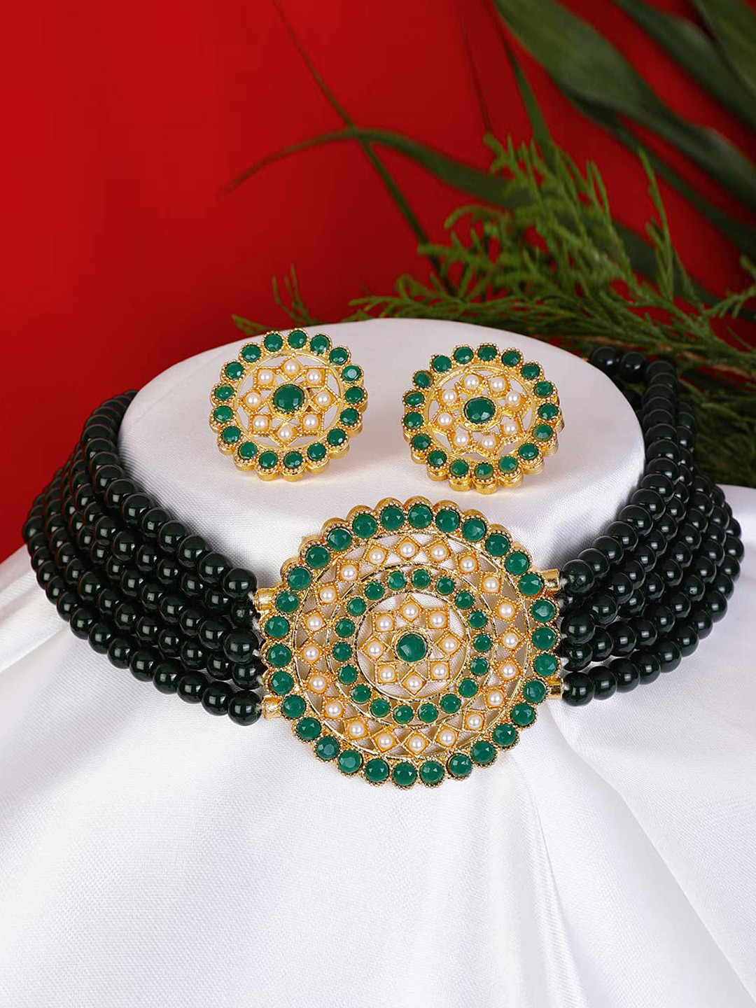 The Pari Gold-Plated Stone-Studded & Beaded Jewellery Set