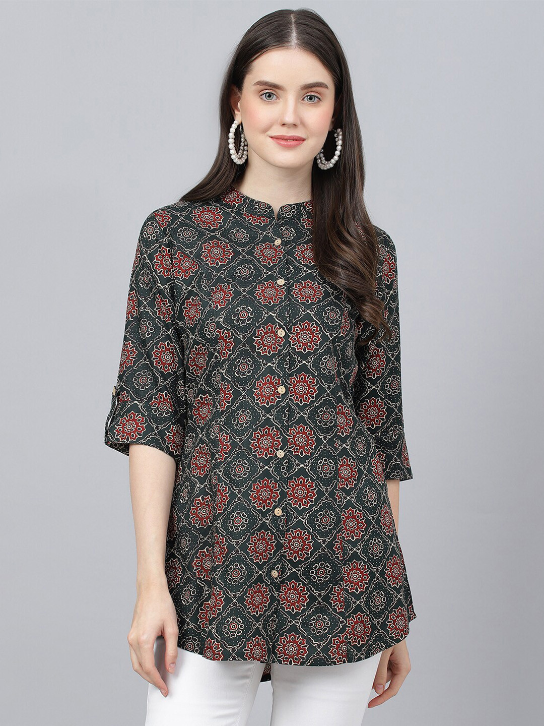 Divena Print Mandarin Collar Longline Top
