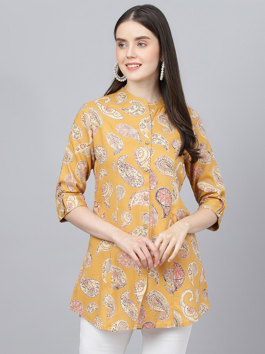 Divena Print Mandarin Collar Roll-Up Sleeves Shirt Style Top