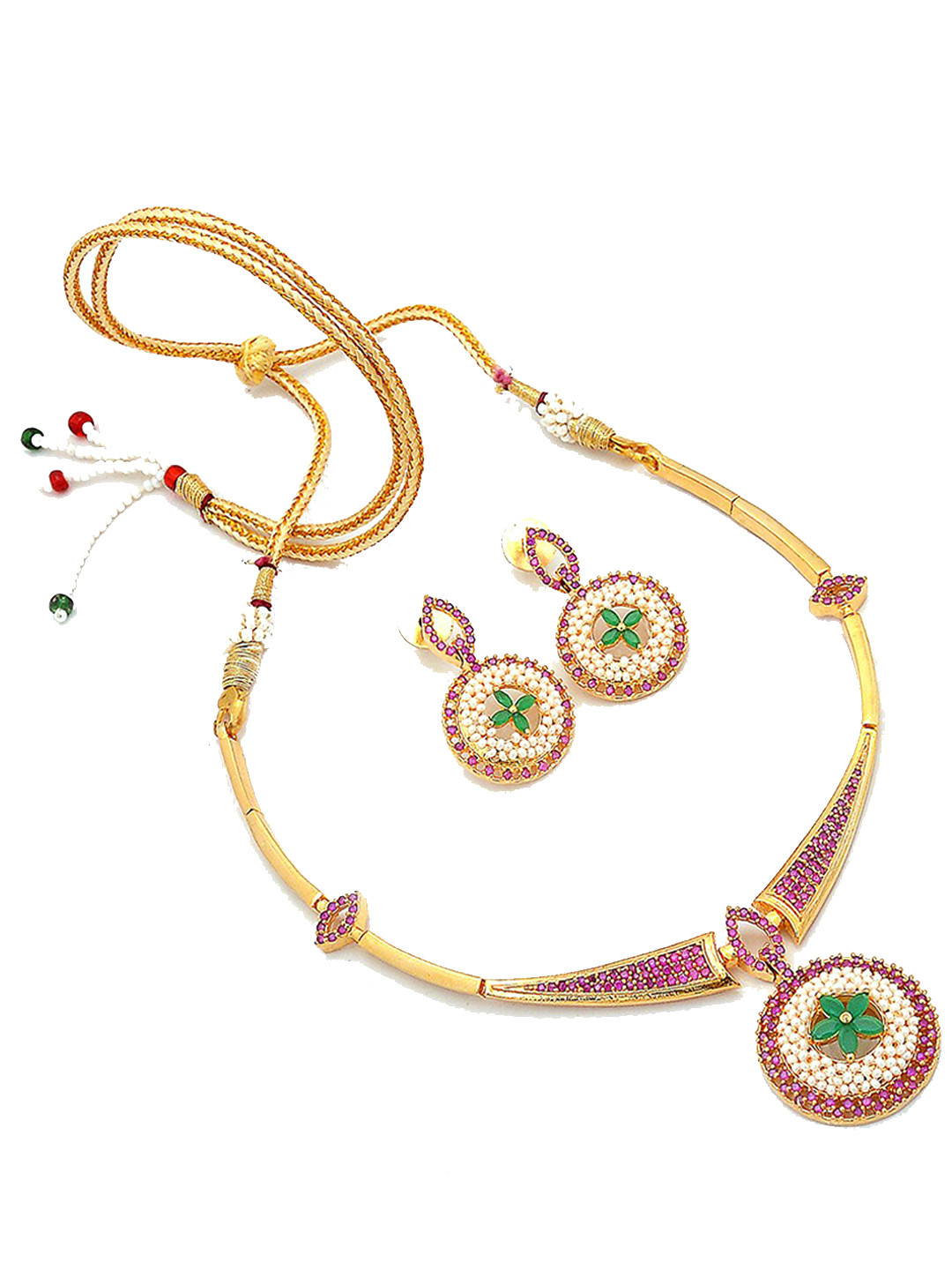 Jewar Mandi Gold-Plated Ad Cz Ruby Emerald-Studded & Pearl Puwai Beaded Jewellery Set