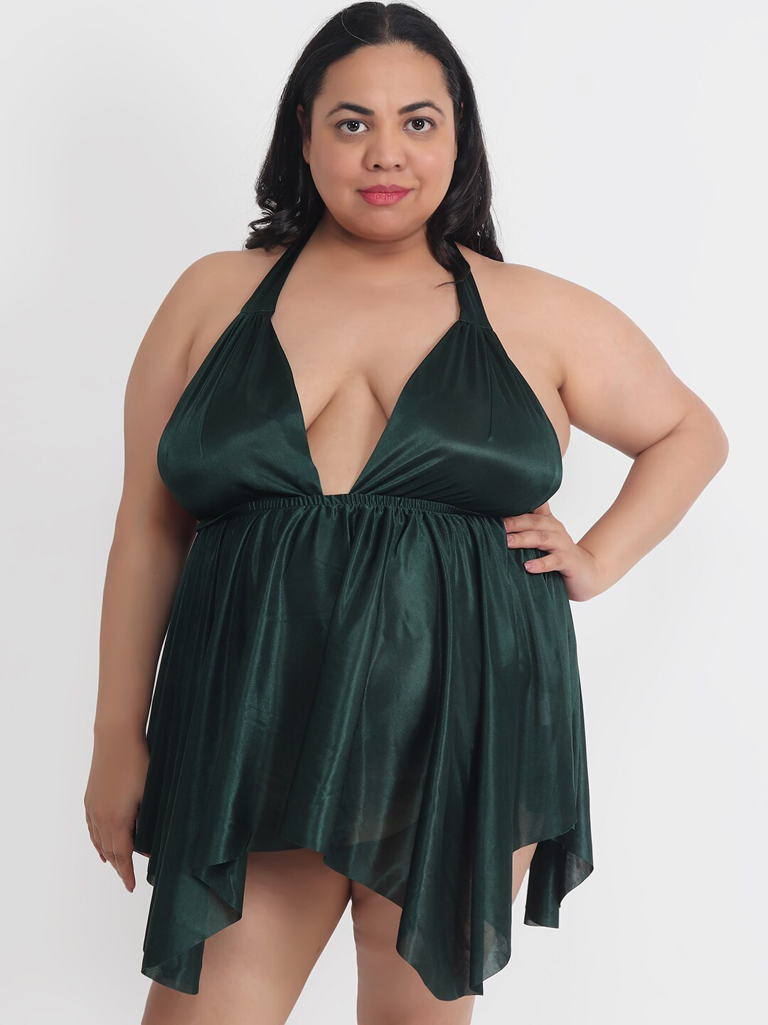 Klamotten Plus size Satin Halter Neck Baby Doll with Asymmetric