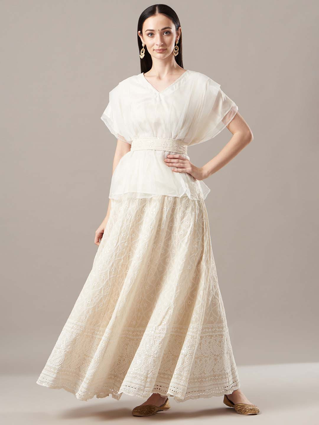 Geroo Jaipur Chikankari Lehenga Set With Kaftan Top