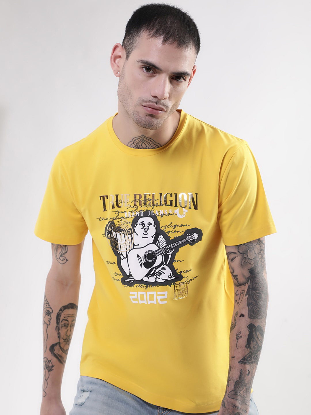 True Religion Men Yellow Cotton Printed T-shirt