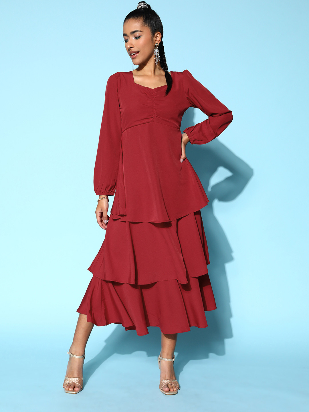 Berrylush Solid Layered Crepe Maxi Dress