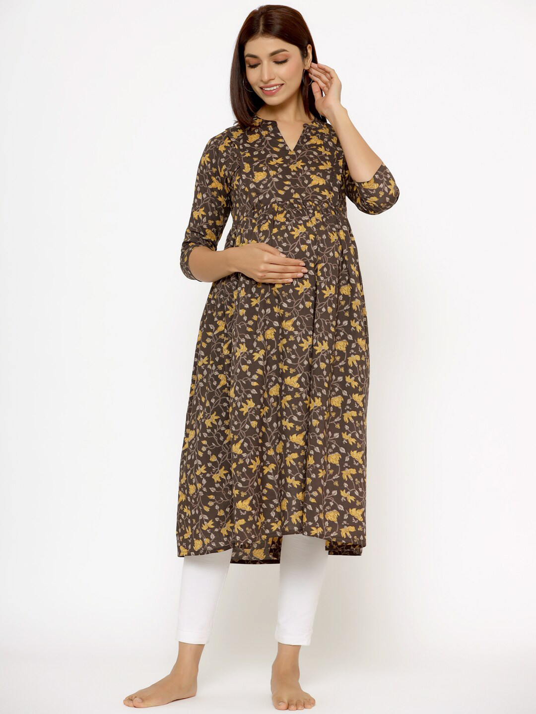 CRAFIQA Women Brown & Yellow Floral Printed Maternity & Nursing Cotton Kurta