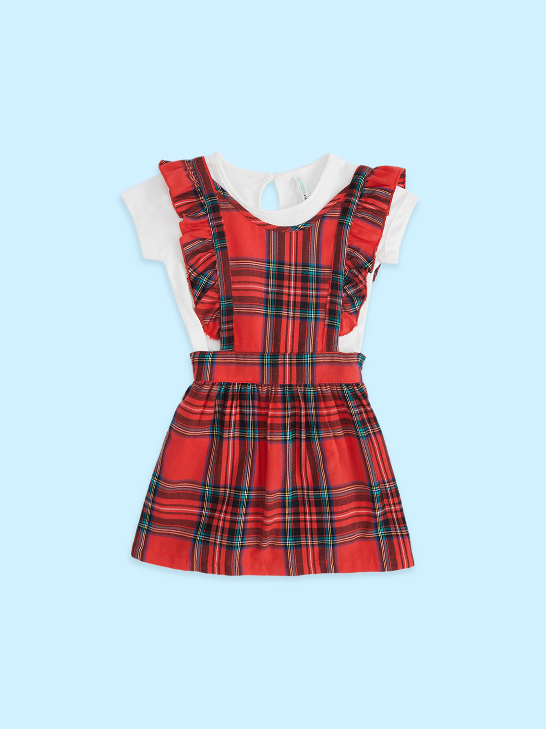 Pantaloons Baby Infant Girls Checked Cotton Flared Dungarees
