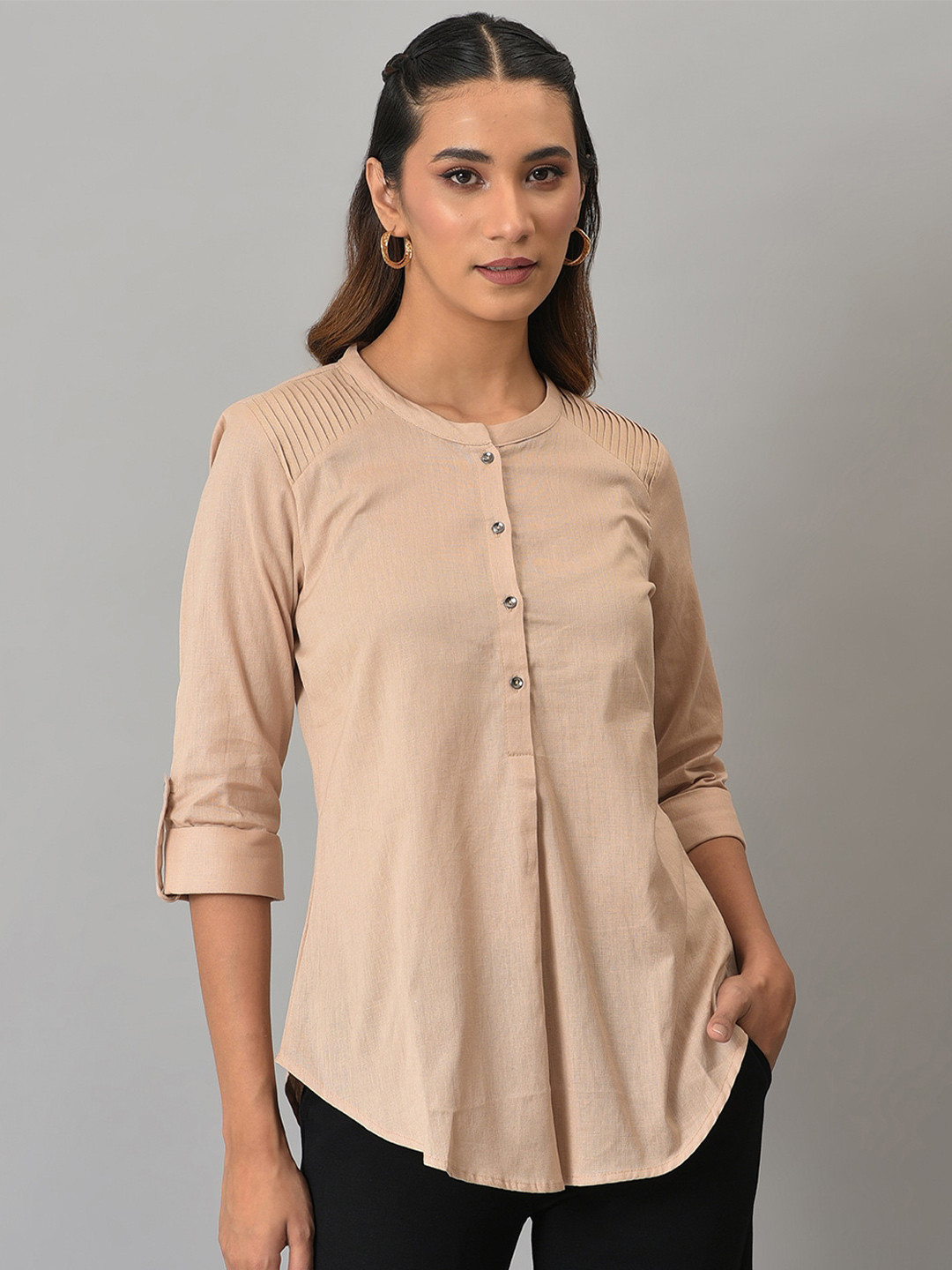 W Beige Cotton Roll-Up Sleeves Top