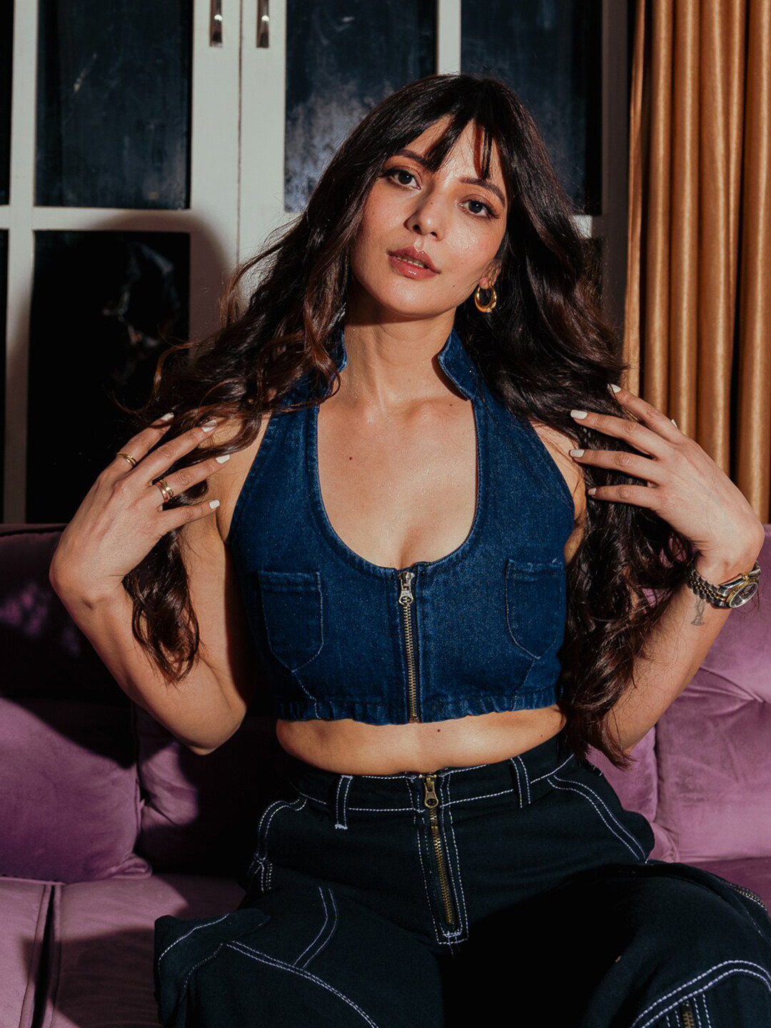 FREAKINS Halter Neck Denim Bralette Crop Top