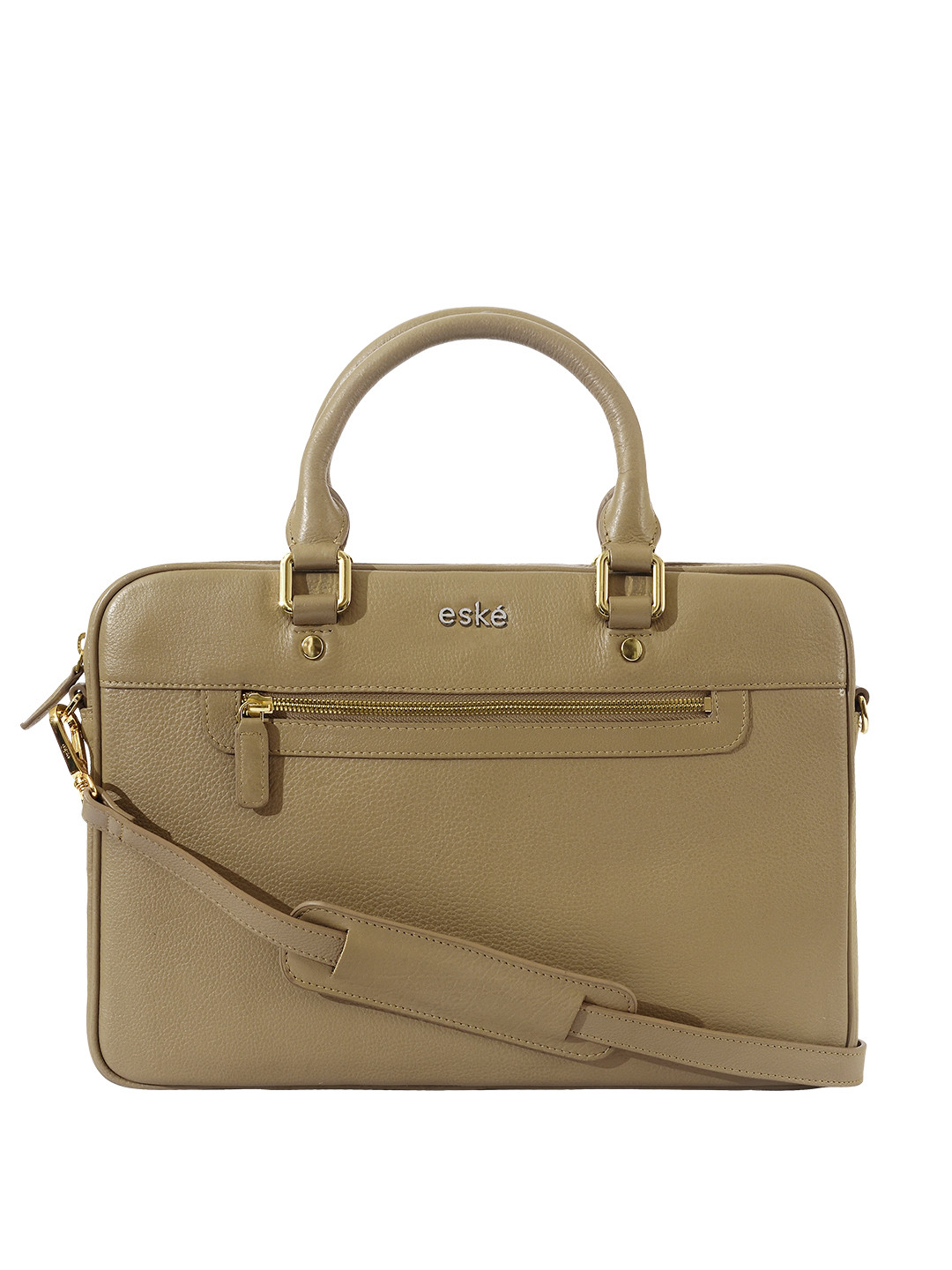 eske Women Taupe Solid Slim Design Detachable Strap 13 inch Leather Laptop Bag Briefcase