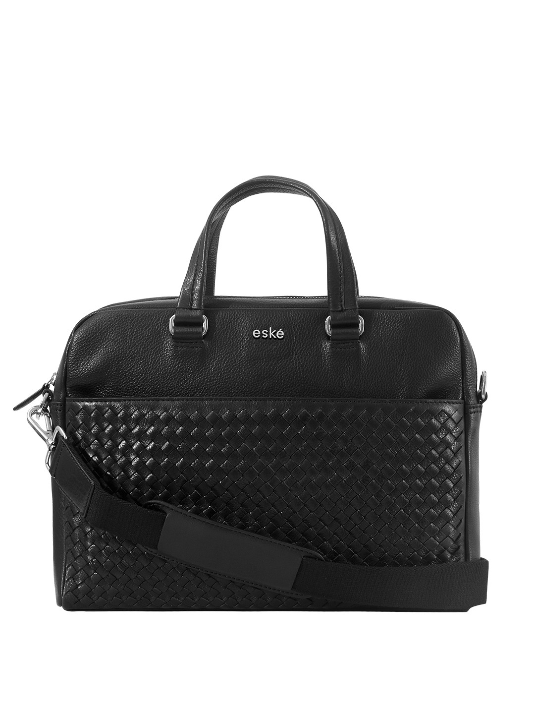 eske Men Black Textured Braided 14 inch Woven Design Leather Laptop Briefcase