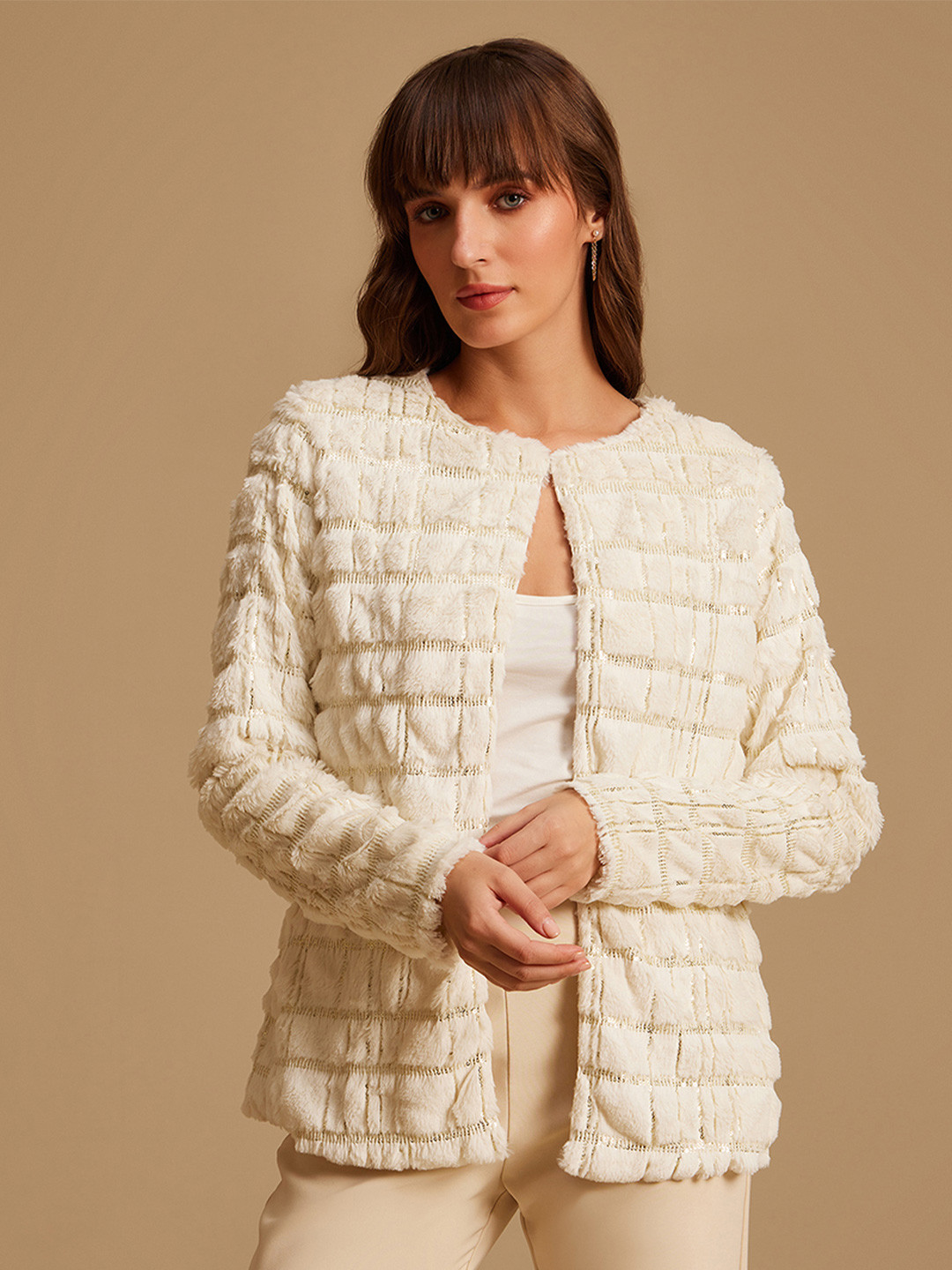 Kazo Women White Checked Open Front Jacket