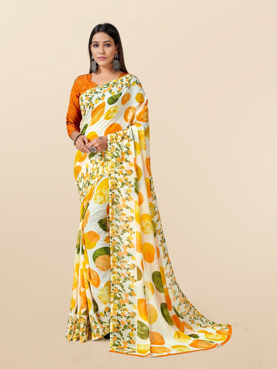 Ambuja International Polka Dot Printed Georgette Saree