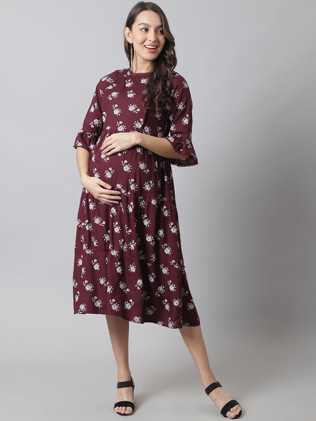 Moms Maternity Fuchsia Floral Printed Maternity Midi Dress