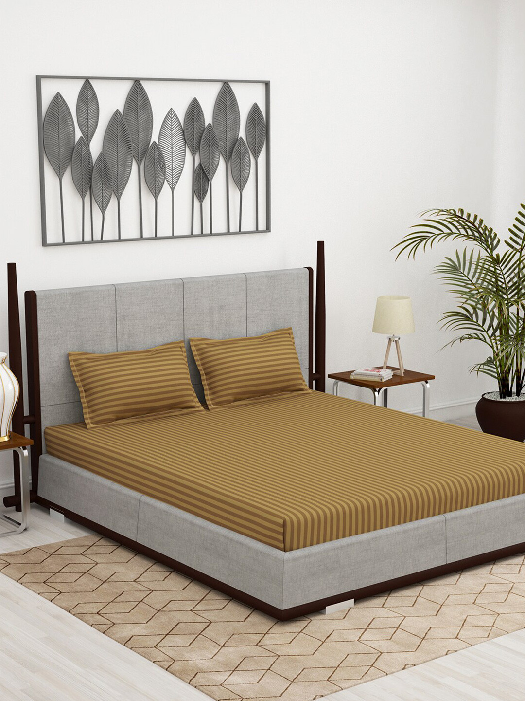 Story@home Brown Striped 300 TC Cotton King Bedsheet with 2 Pillow Covers