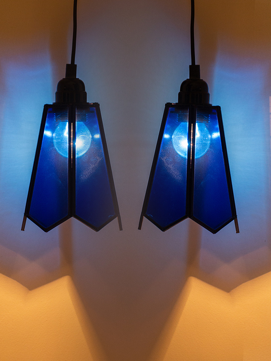 ExclusiveLane Blue 2 Pieces Glass Splendours Cuboidal Hanging Iron Pendant Ceiling Lamps