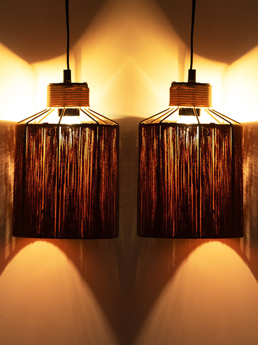 ExclusiveLane Dark Brown Set of 2 Ebony Cylindrical Iron Hanging Pendant Lamp