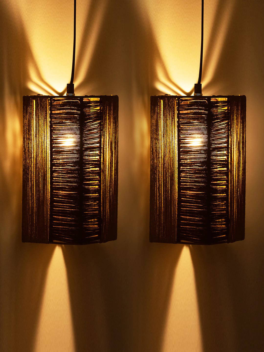 ExclusiveLane Olive Green & Brown Set Of 2 Jute Cylindrical Iron Hanging Pendant Lamp