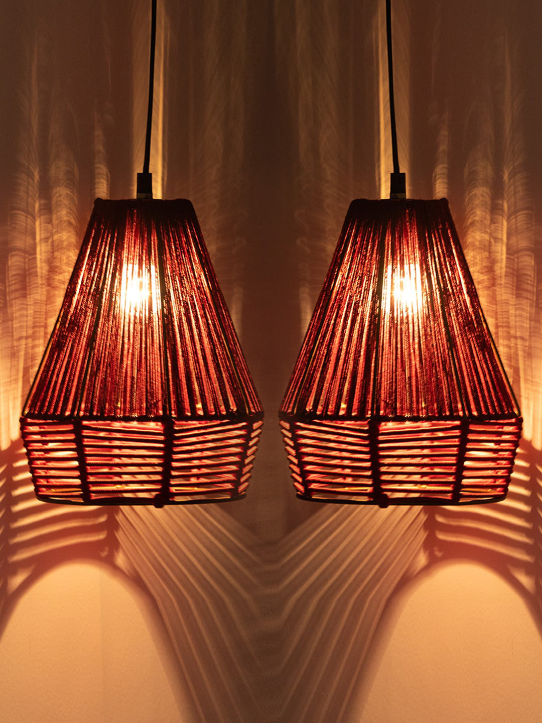 ExclusiveLane Dark Orange Set Of 2 Jute Cylindrical Hanging Pendant Lamp