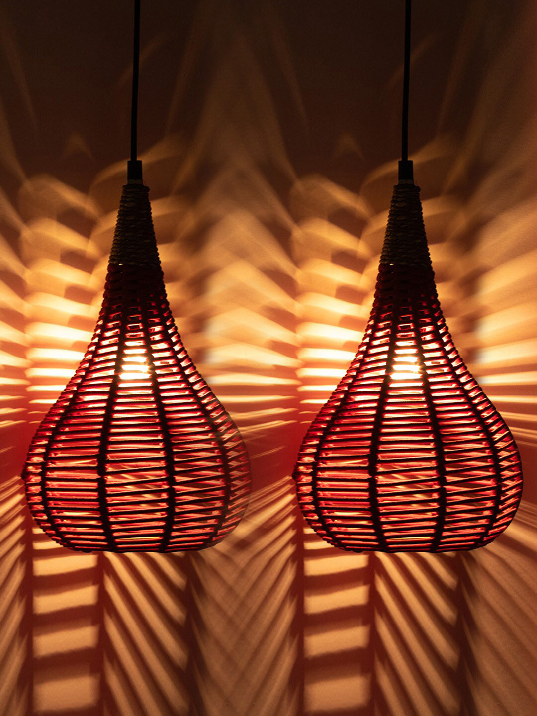 ExclusiveLane Dark Brown Set Of 2 Jute Spherical Iron Hanging Pendant Lamp
