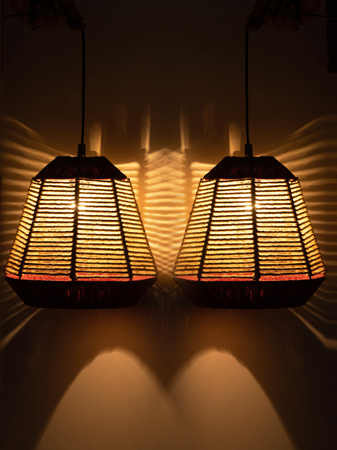 ExclusiveLane Red & Beige Set of 2 Jute Pyramidal Iron Hanging Pendant Lamp