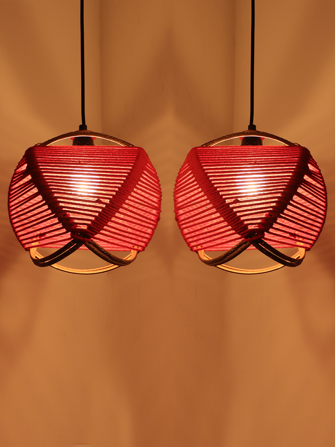 ExclusiveLane Red & Beige Set Of 2 Jute Spherical Paradise Hanging Pendant Lamp