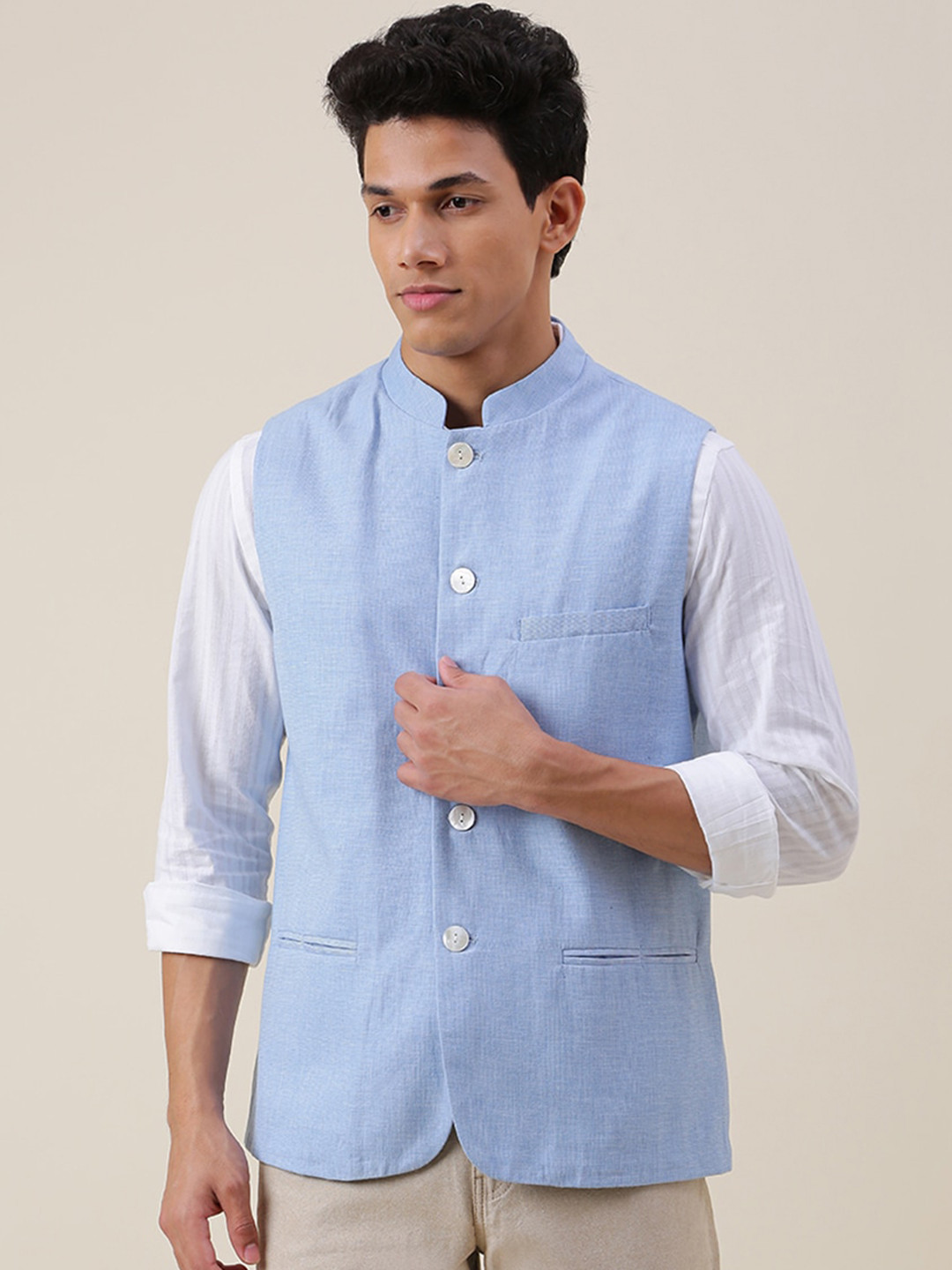 Fabindia Men Blue Solid Cotton Tailored Jacket