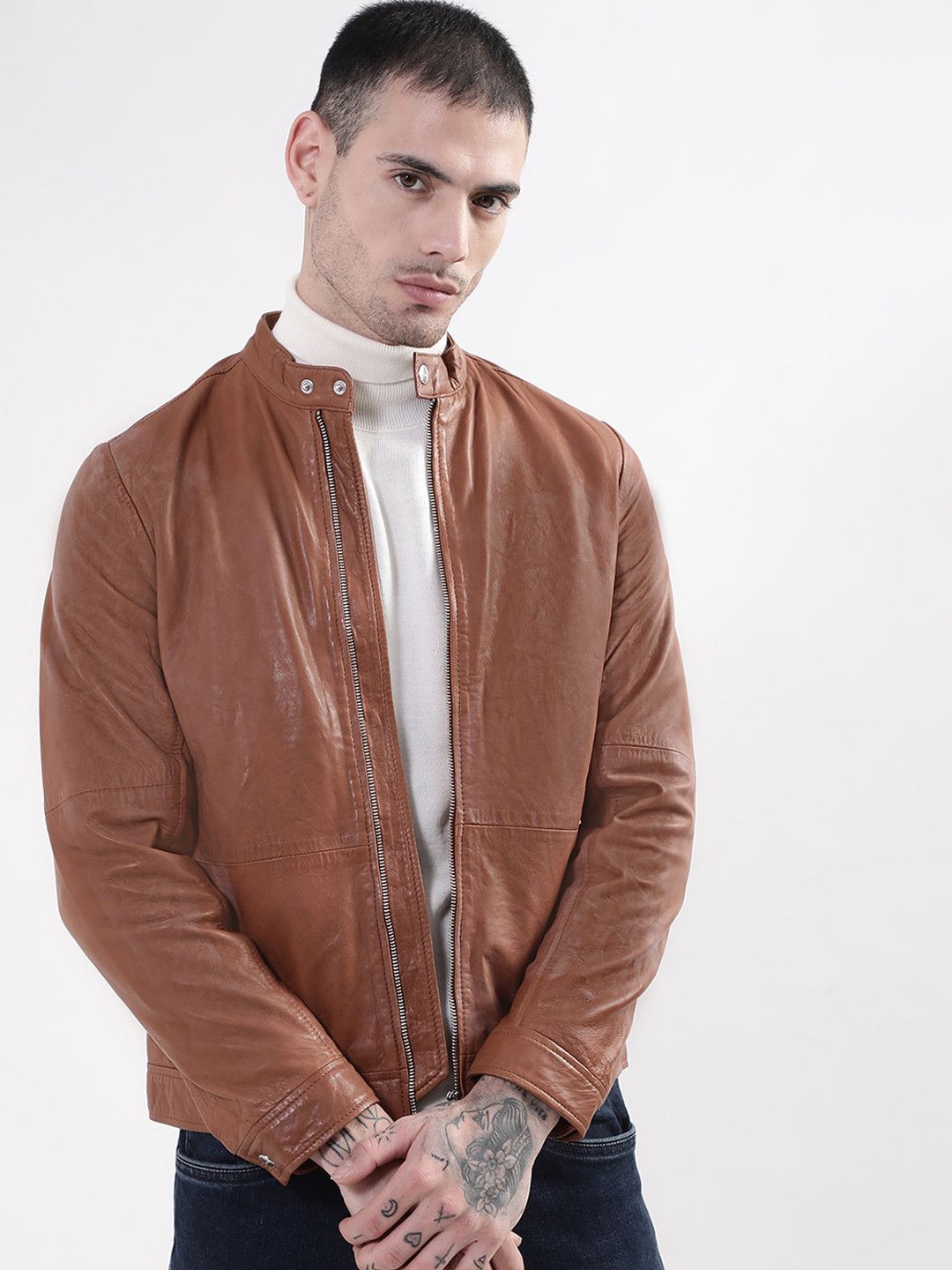 Matinique Men Stand Collar Leather Jacket