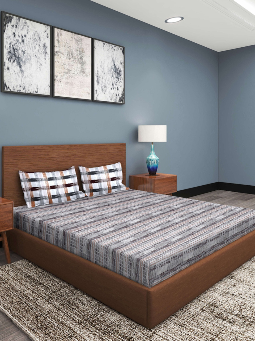 ROMEE Grey Abstract Cotton 210 TC King Fine Bedsheet with 2 Pillow Covers-100 x 108 inches