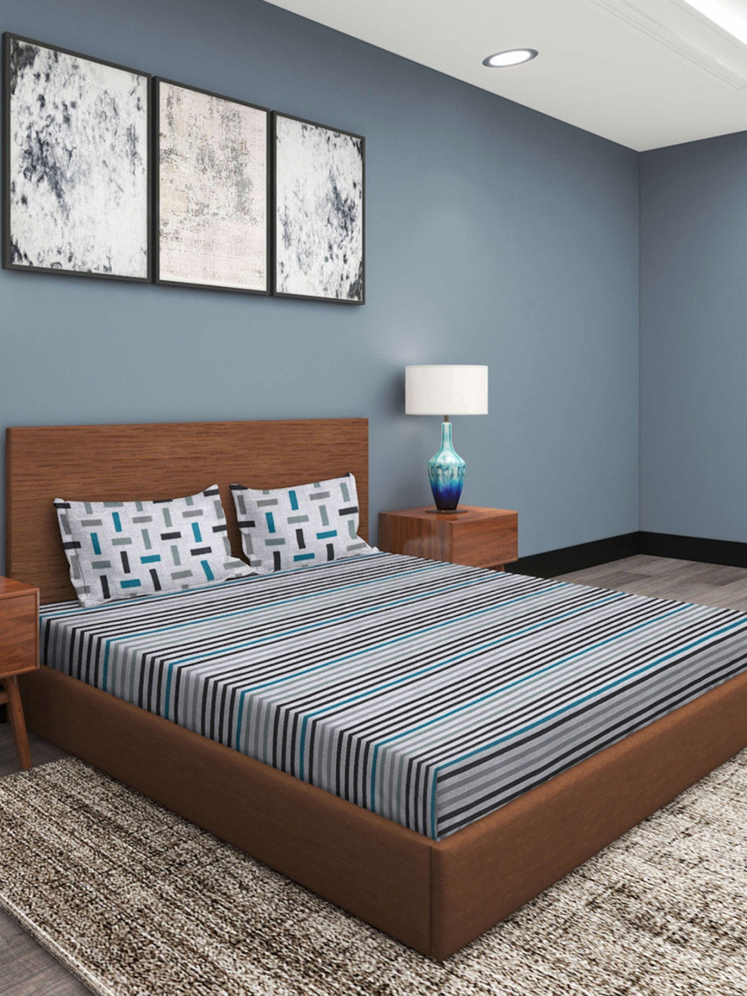 ROMEE Grey Striped Cotton 210 TC King Fine Bedsheet with 2 Pillow Covers-100 x 108 inches