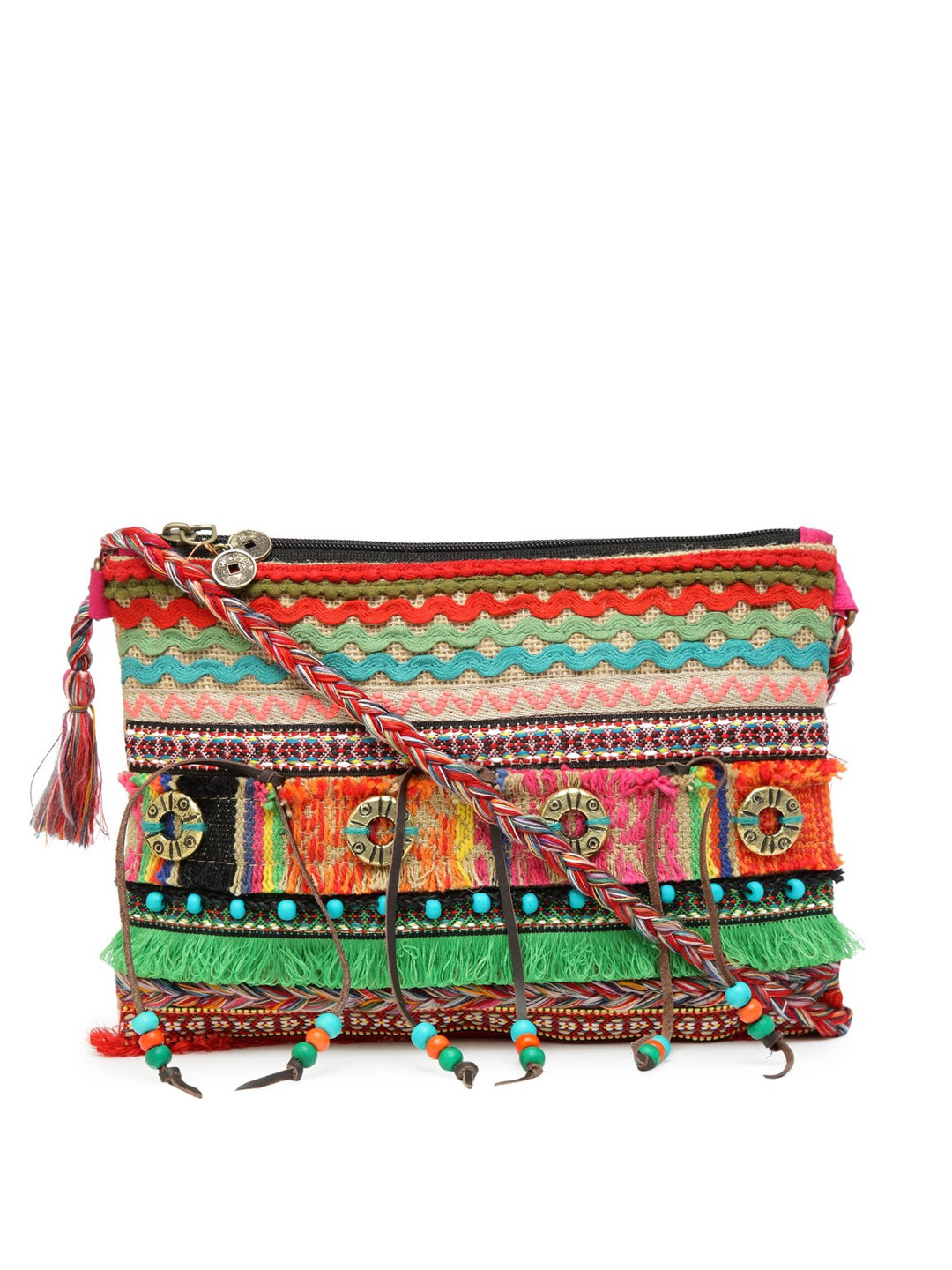 The House of Tara Embellished Structured Sling Bag with Tasselled