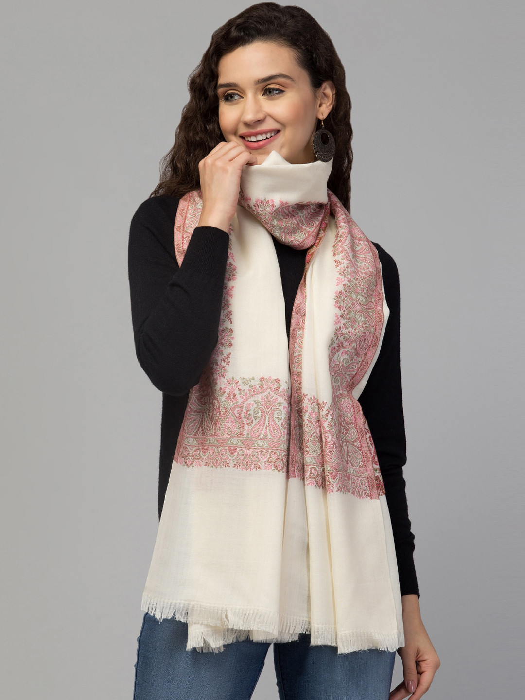 Tweedle Women Woven Design Wool Kashmiri Kani Border Shawl