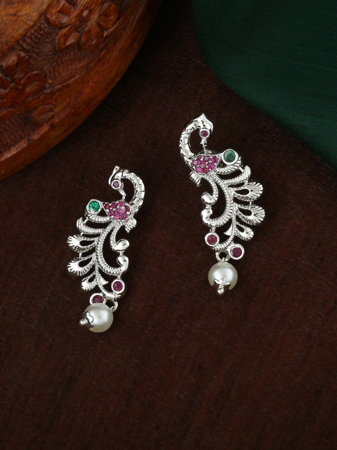 Estele Silver-Plated Peacock Shaped Drop Earrings