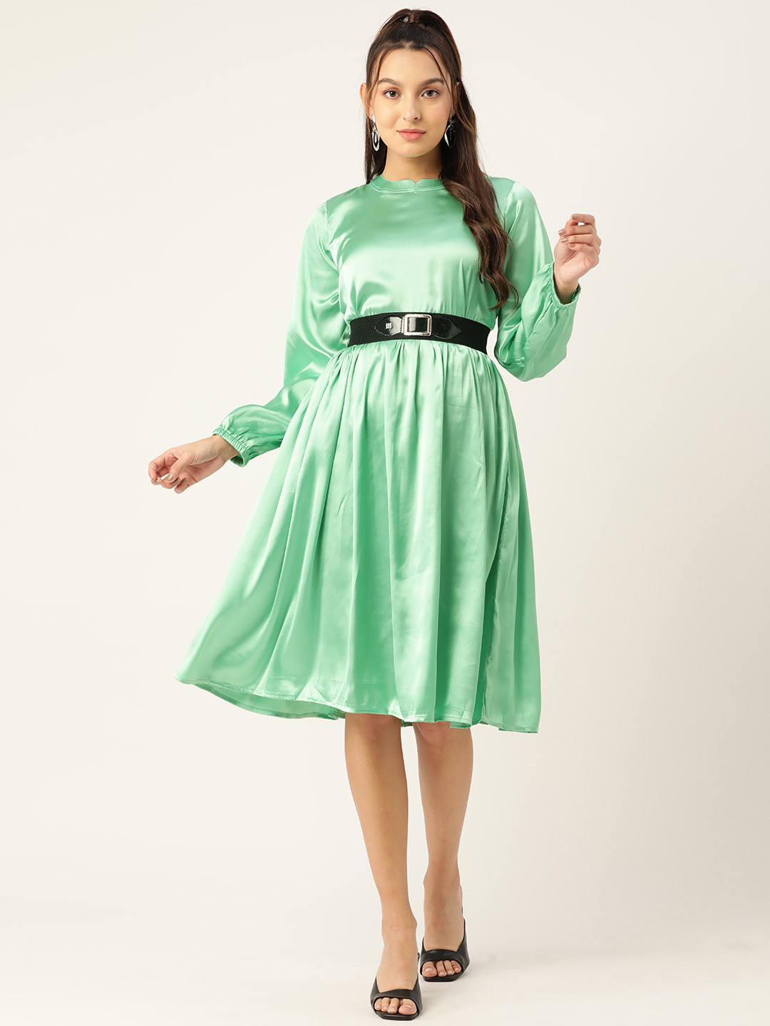 JAINISH Mandarin Collar Puff Sleeves Satin Dress with Belt
