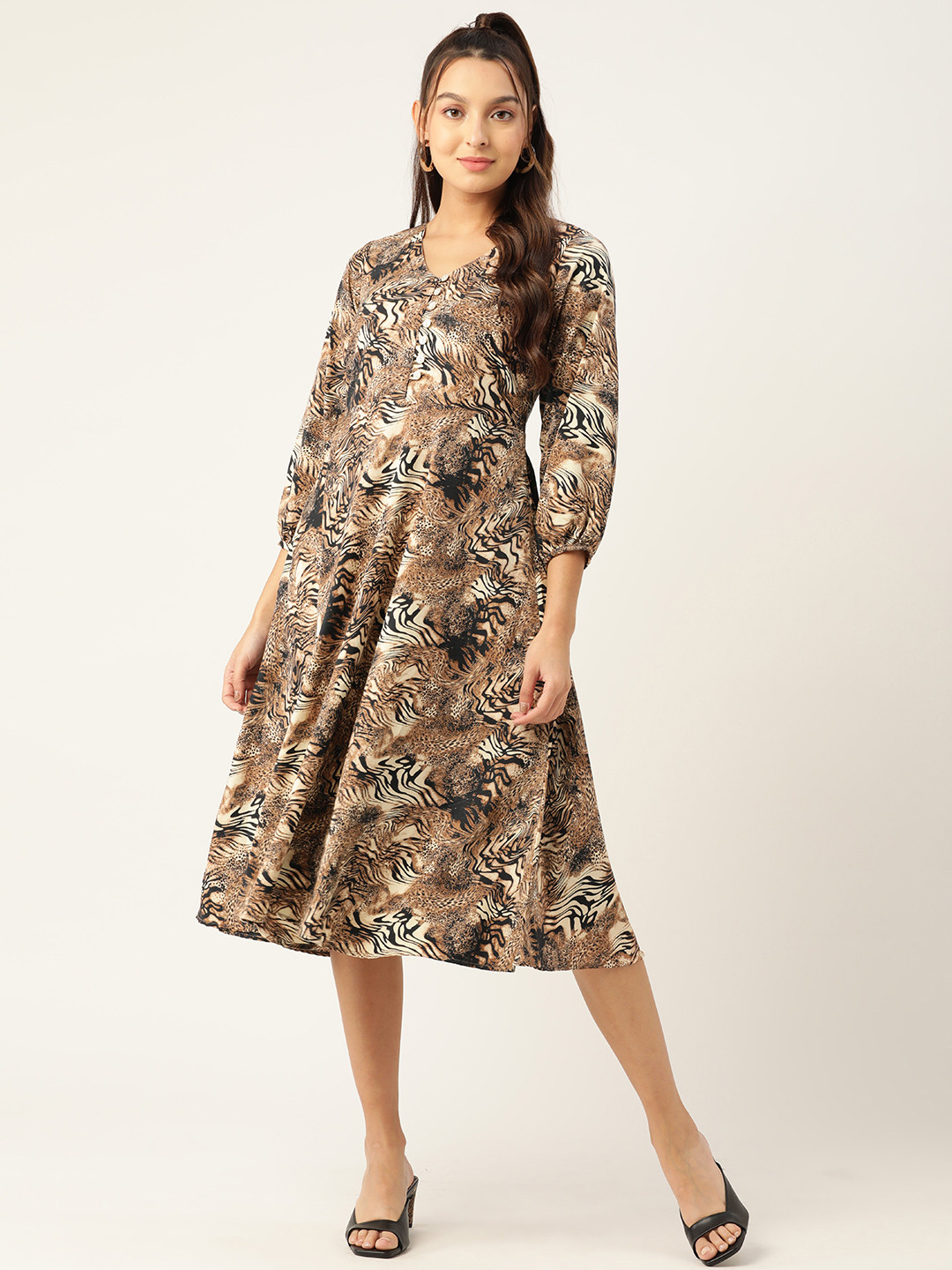 JAINISH Animal Print Puff Sleeves Crepe Midi Dress