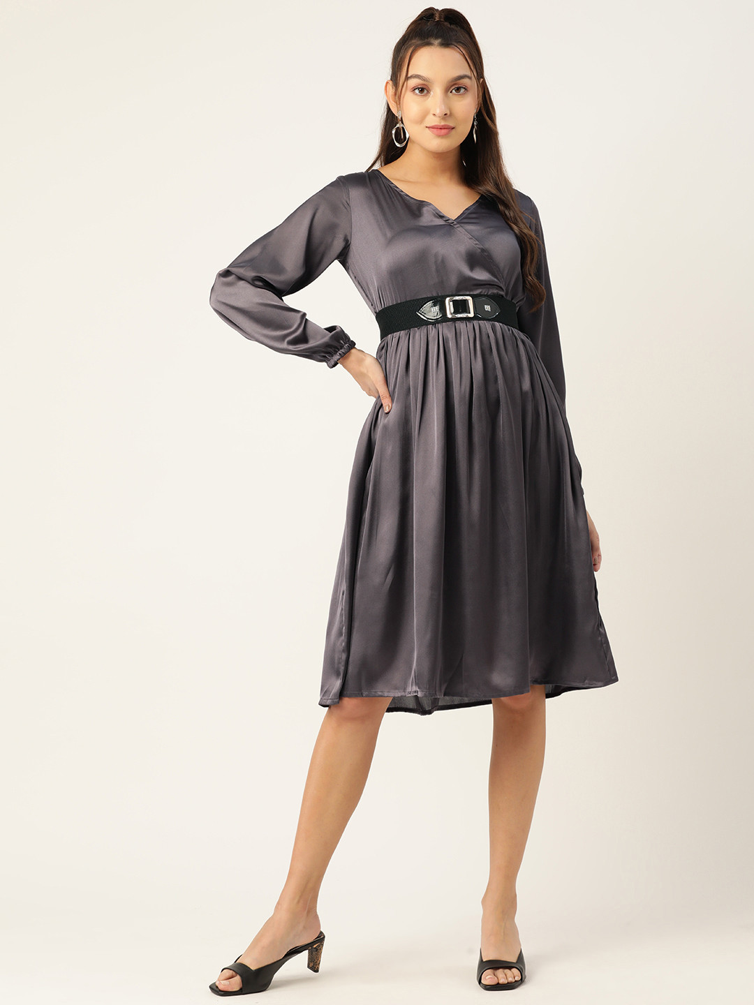 JAINISH Puff Sleeves Satin Wrap Dress with Belt