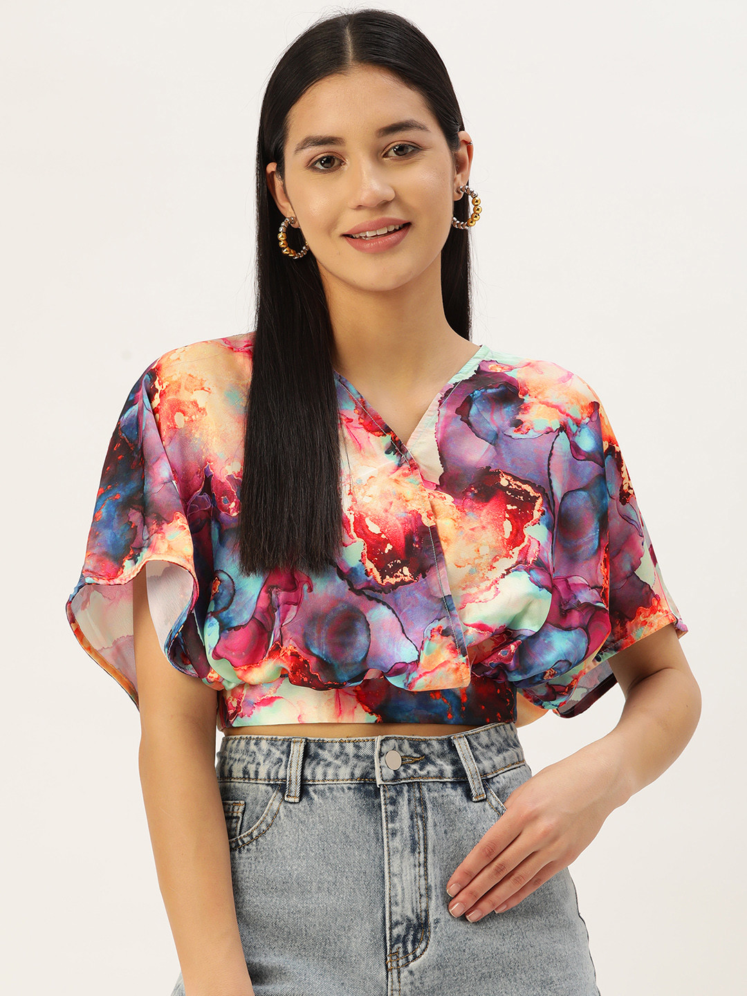 JAINISH Abstract Printed Flared Sleeves Wrap Crop Satin Top