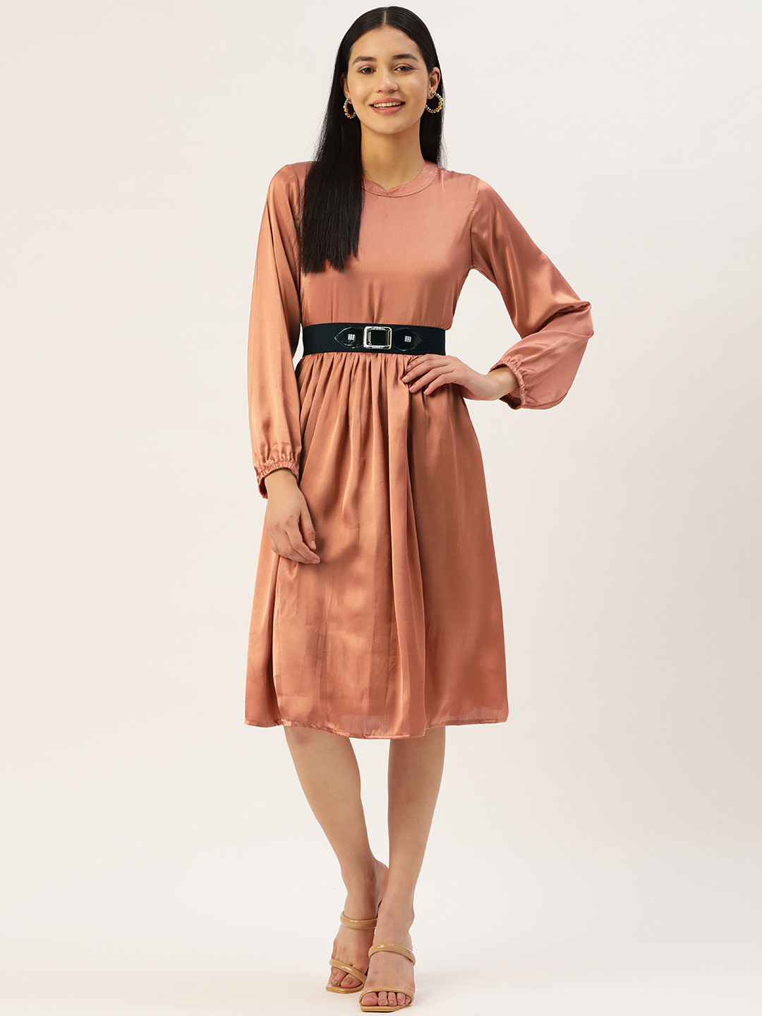 JAINISH Peach-Coloured Satin Dress with Belt