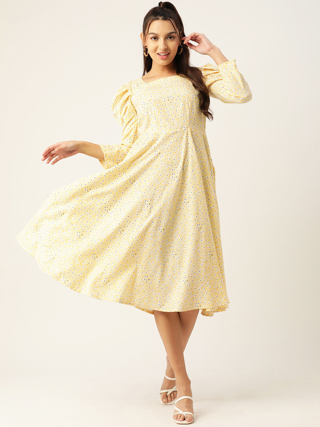 JAINISH Floral Print Puff Sleeves Crepe Midi Dress