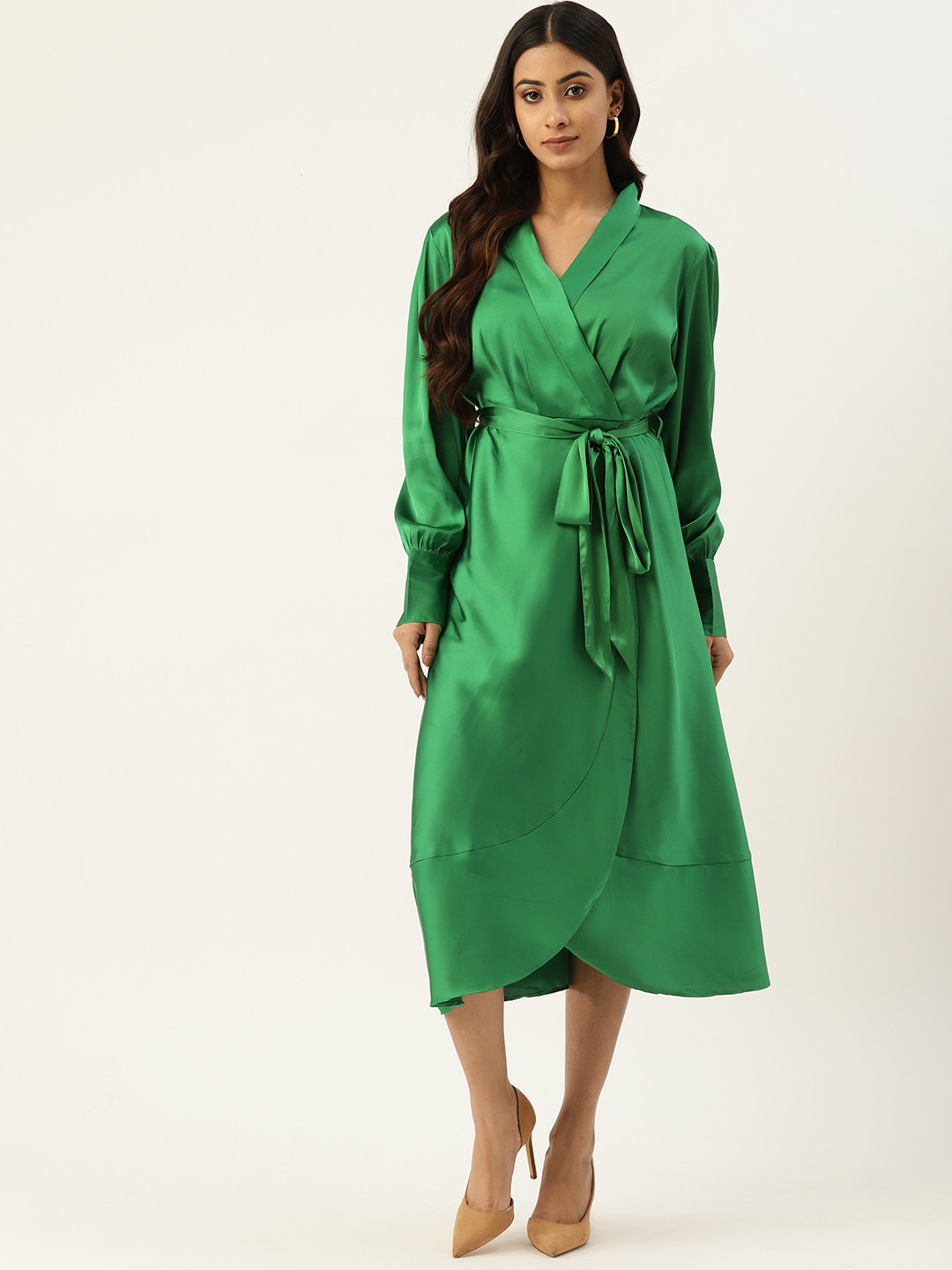 LABEL REGALIA Green Satin Midi Dress