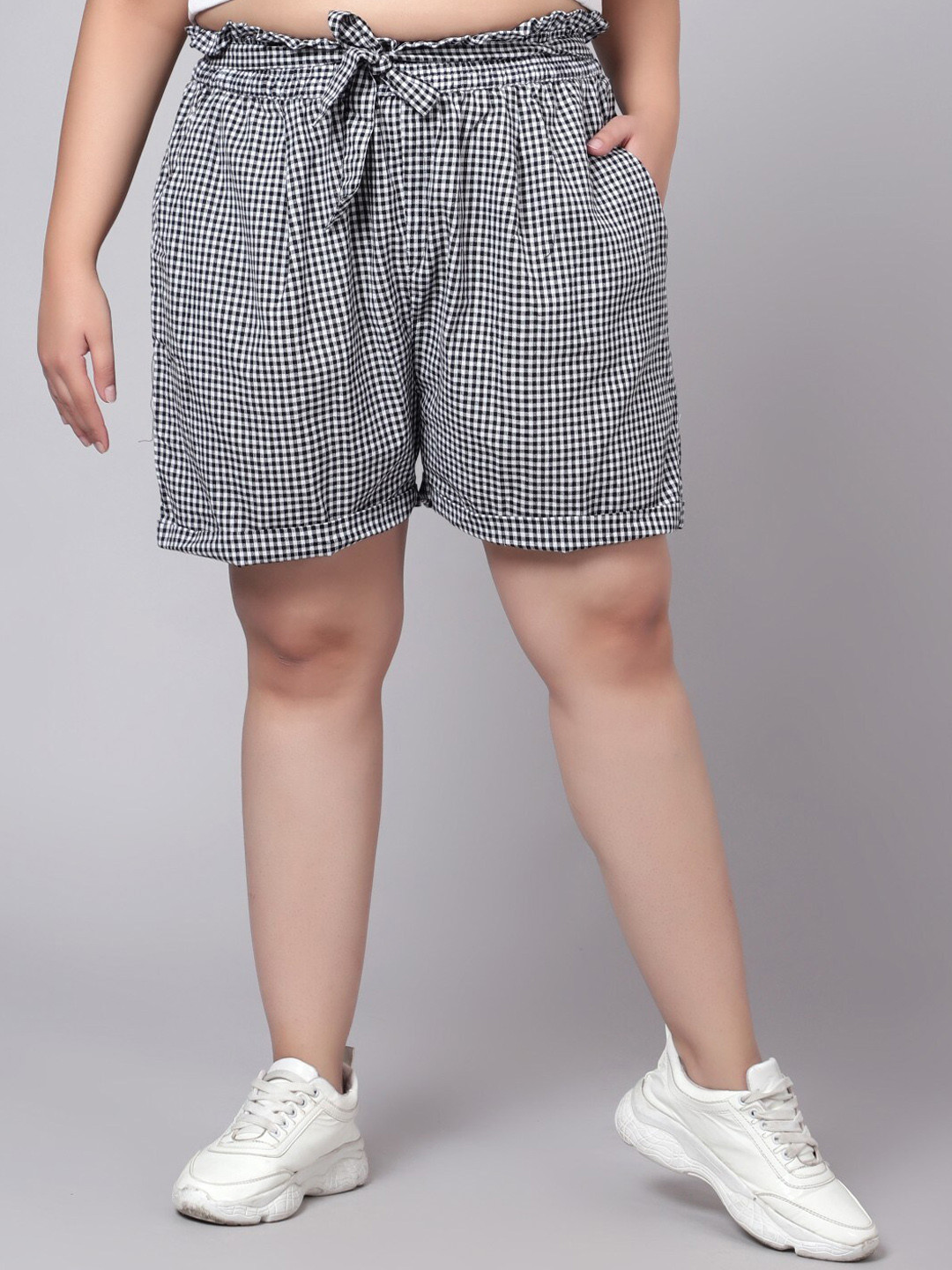 Indietoga Women Plus Size Black & White Checked Cotton Shorts