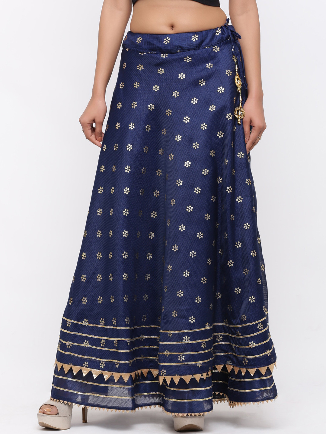 SOUNDARYA Ethnic Motif Printed Gotta Patti Embroidered Cotton Kota Doriya Flared Skirts