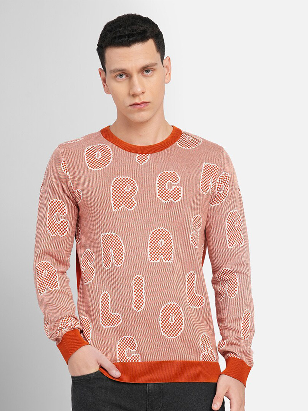 Jack & Jones Men Orange & White Cotton Typography Printed Pullover